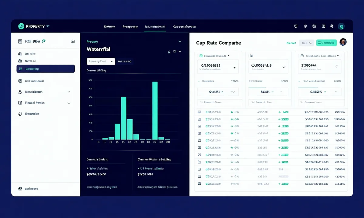 Institutional commercial property valuation dashboard showing NOI waterfall analysis and cap rate comp grid for a Miami multifamily asset