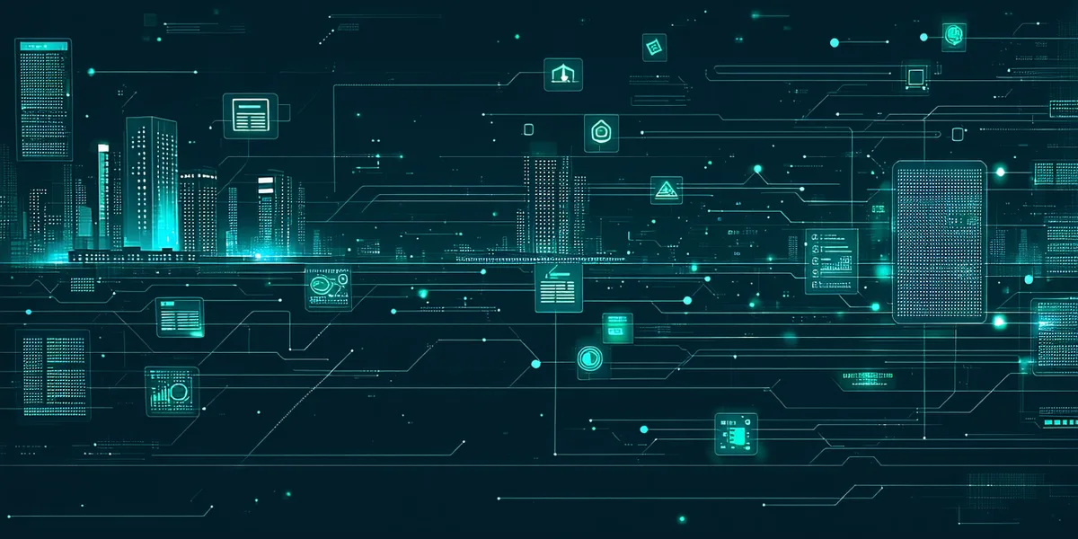 Abstract visualization of data flowing through a commercial real estate analytics platform architecture — from property records and CMBS feeds through enrichment layers to valuation output
