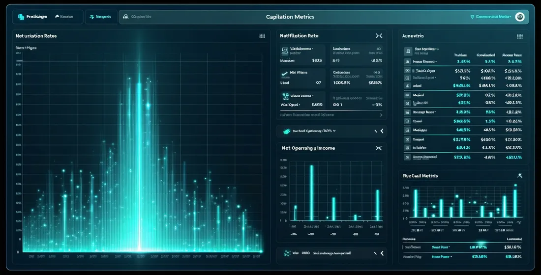 NOI waterfall chart and valuation model panel for a commercial property, displayed on a dark analytics dashboard interface
